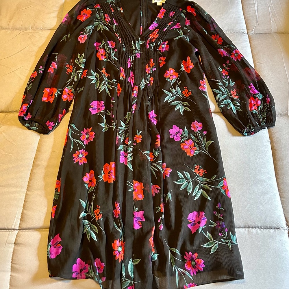 Calvin Klein Black Dress with Pink and Red Floral Design